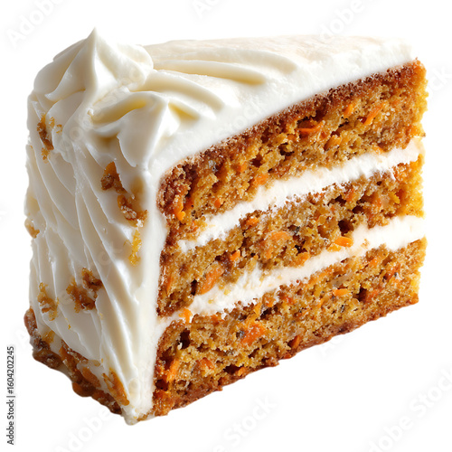 A close up shot of a slice of carrot cake with white frosting  isolated on white  or transparent background.