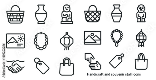 Handicraft and souvenir outline icons set – elegant, artisanal, cultural symbols