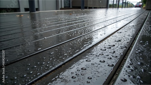 Dark Wet Metallic Surface with Vertical Streaks and Water Droplets Texture

