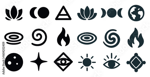 Yoga and meditation silhouette icons set – wellness, calm, spiritual symbols