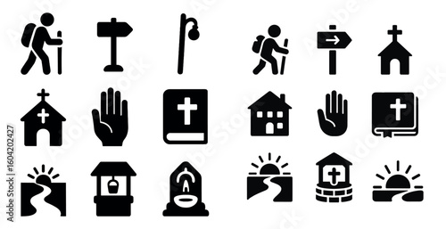 Hiking and nature icons set – solid, silhouette, outdoor adventure symbols