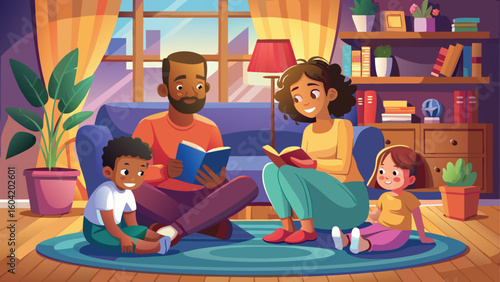 Family reading together in a cozy living room
