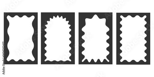 Scallop frame with wave border. Vector rectangle squiggle design for photo and collage. Vintage doodle curve element