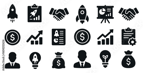 Business growth solid icons set – corporate, finance, economic symbols