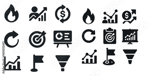 Data and analytics solid icons set – chart, statistics, business symbols