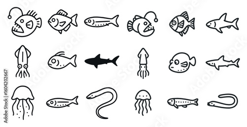 Marine life outline icons set – aquatic, sea creatures and ocean symbols