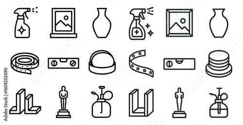 Home cleaning and decor outline icons set - flat, linear, interior design symbols