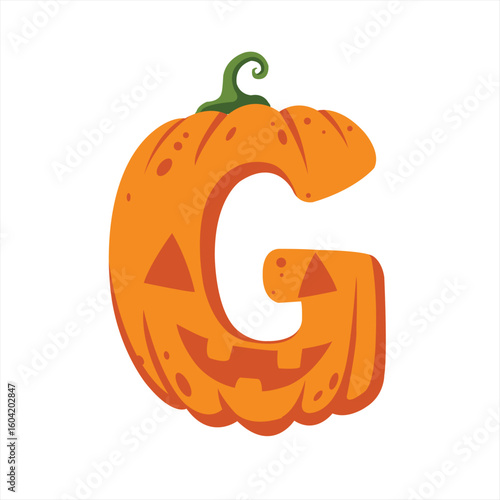 Fun and festive letter G in the shape of a Halloween pumpkin with a carved face and whimsical design.