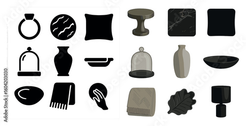 Home decor silhouette icons set – filled, solid, interior and furnishing symbols