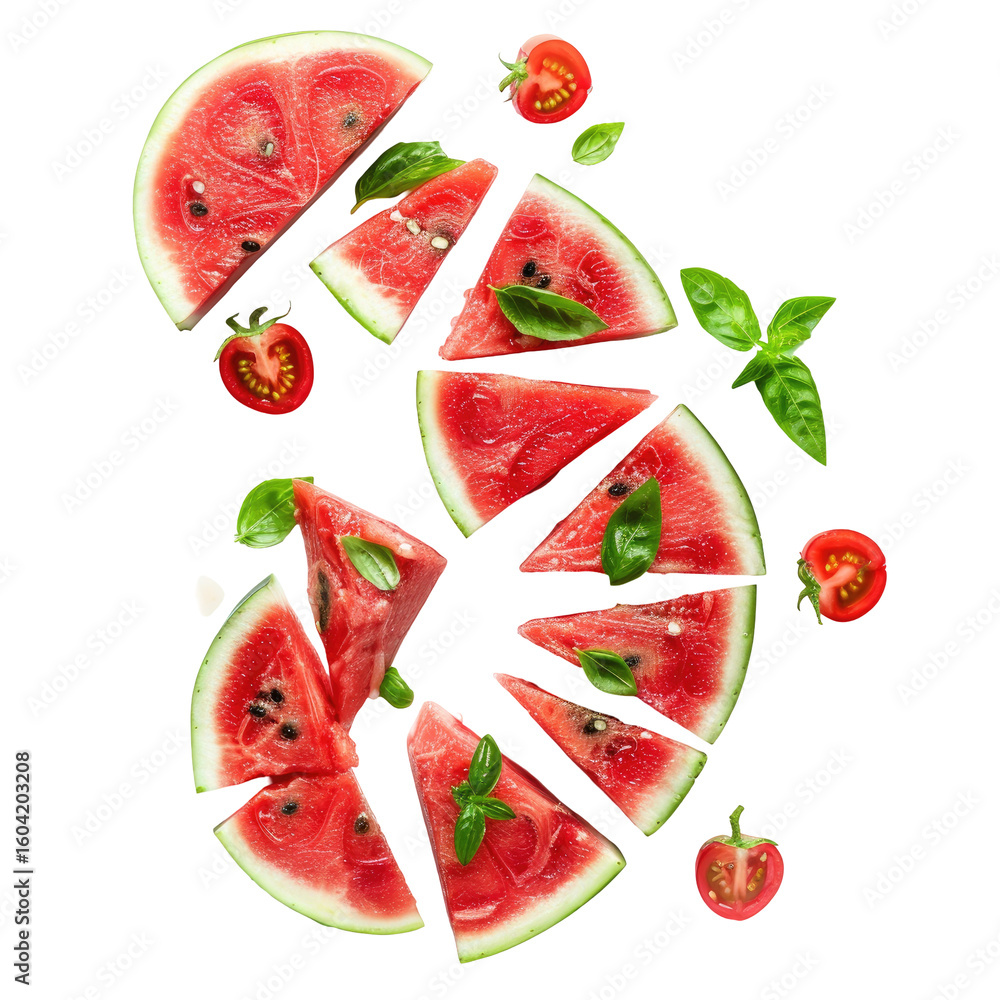 Naklejka premium Sliced watermelon and cherry tomatoes, basil leaves