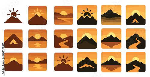 Adventure and nature icons set – silhouette, filled, outdoor and travel symbols