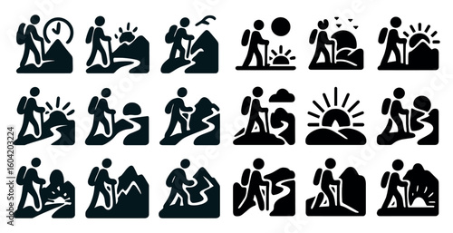 Hiking adventure icons set – silhouette, solid, outdoor and trekking symbols