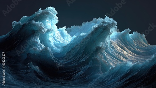 Fototapeta Naklejka Na Ścianę i Meble -  Massive, luminous waves cresting in a dark ocean