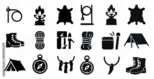 Camping and adventure icons set – solid, filled, expedition and outdoors symbols