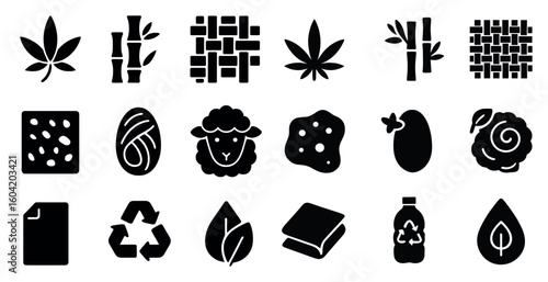 Sustainable and eco living solid icons set – filled, green and eco-friendly symbols