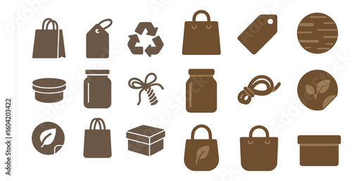 Eco-friendly shopping icons set – filled, solid, sustainable and reusable symbols