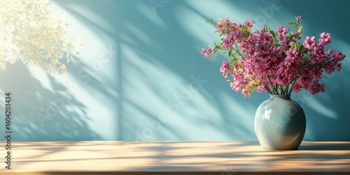 Wooden table with a vase holding a bouquet of flowers, placed near an empty, blank blue wall. Home interior background with copy space, Generative AI