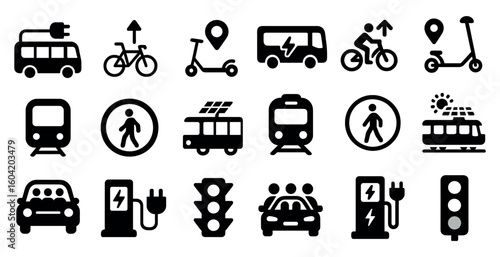 Transportation and mobility filled icons set – silhouette, solid, travel and commute symbols