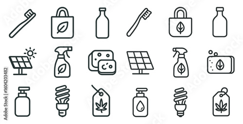 Eco-friendly lifestyle outline icons set – organic, reusable, sustainable symbols