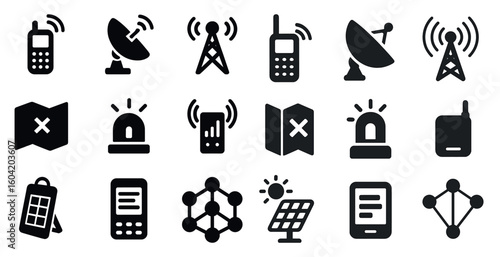 Communication and connectivity icons set – solid, silhouette, digital and network symbols
