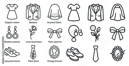 Eco-friendly fashion outline icons set – sustainable, upcycled, green style symbols