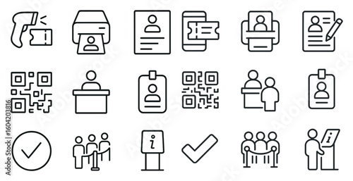 Event and ticketing line icons set – outline, linear, admission and validation symbols