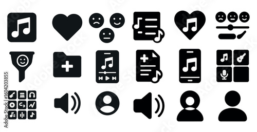 Music and audio solid icons set – filled, sound, media symbols