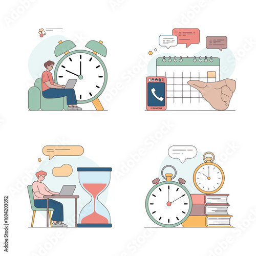 Time management and productivity concepts illustrated in four panels