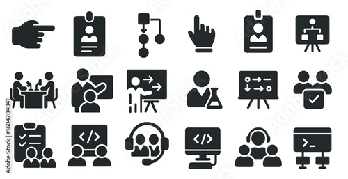 Business and management solid icons set – office, corporate, organization symbols