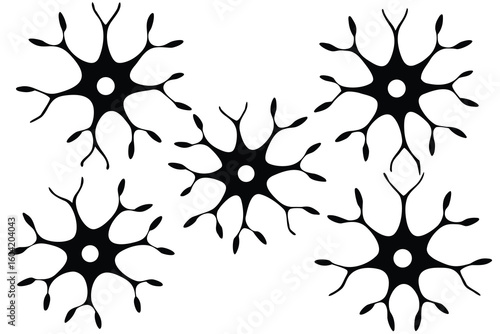 Five Black Neuron Silhouettes Arranged in a Pattern on a White Background Illustration