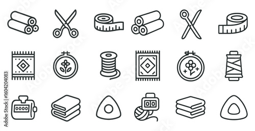 Sewing and craft outline icons set – flat, linear, needlework and textile symbols