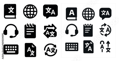 Language and communication solid icons set – filled, translation, speech symbols