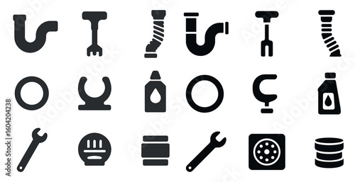 Plumbing tools silhouette icons set – solid, filled, repair and maintenance symbols