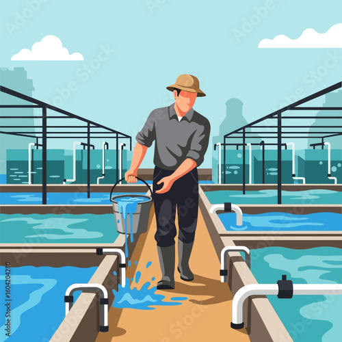Farmer Carrying Water Bucket at Aquaculture Fish Farm