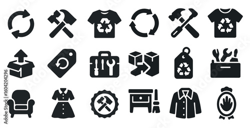 Recycling and sustainability icons set – solid, filled, eco-friendly symbols