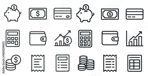 Finance and banking outline icons set – linear, currency, financial symbols collection