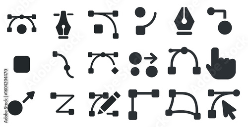 Graphic design tools solid icons set – flat, filled, creative and editing symbols