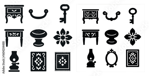 Antique furniture silhouette icons set – solid, vintage, retro symbols for decor design