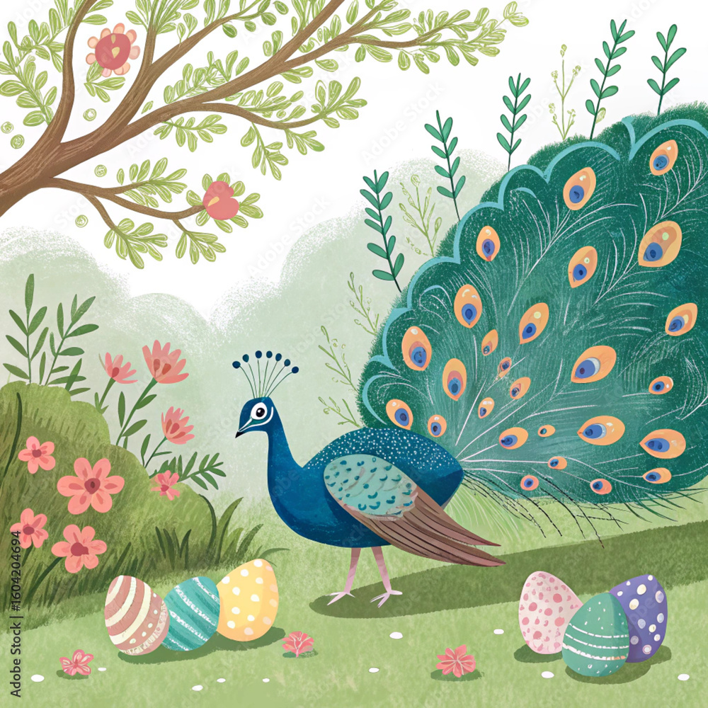 Fototapeta premium Beautiful vintage vector art illustration of a peacock on a tree, surrounded by floral spring nature