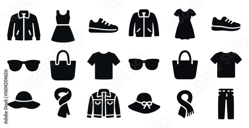 Fashion silhouette icons set – solid, filled, apparel and accessory symbols