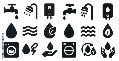 Water conservation solid icons set – eco, filled, sustainable and environment symbols