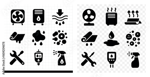Home ventilation and hydration solid icons set – flat, filled, air and moisture symbols