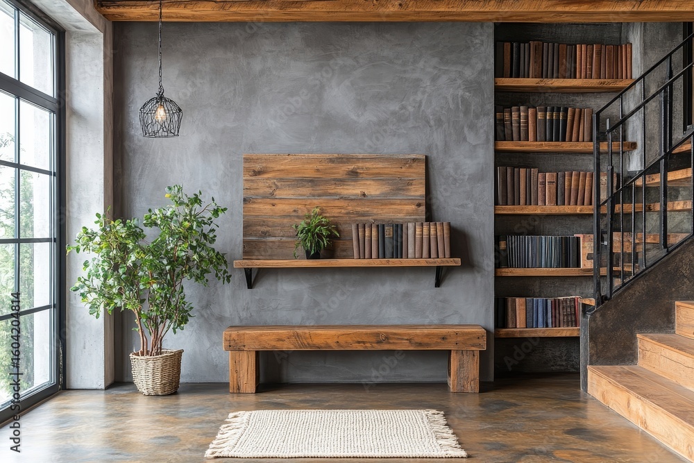 Fototapeta premium Wooden bench and bookshelf set against a grey wall and staircase with black railings, showcasing an industrial style entryway for modern homes, Generative AI