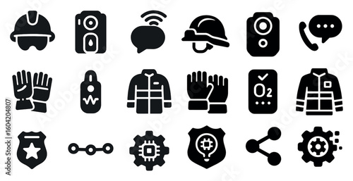 Safety and communication solid icons set – filled, protection and emergency symbols