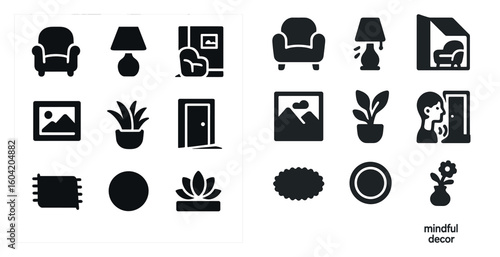 Home decor silhouette icons set – solid, filled, interior design symbols