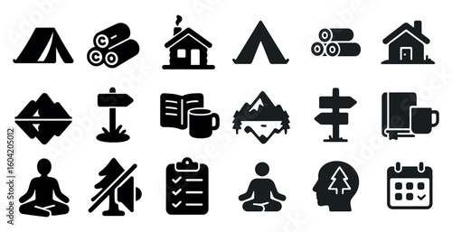 Camping and nature silhouette icons set – solid, outdoor adventure, wilderness