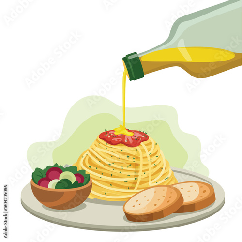 Delicious spaghetti with tomato sauce salad and bread being drizzled with olive oil