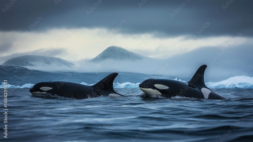 Fototapeta premium Orcas glide through chilly waters beneath a gray sky, surrounded by distant mountains.