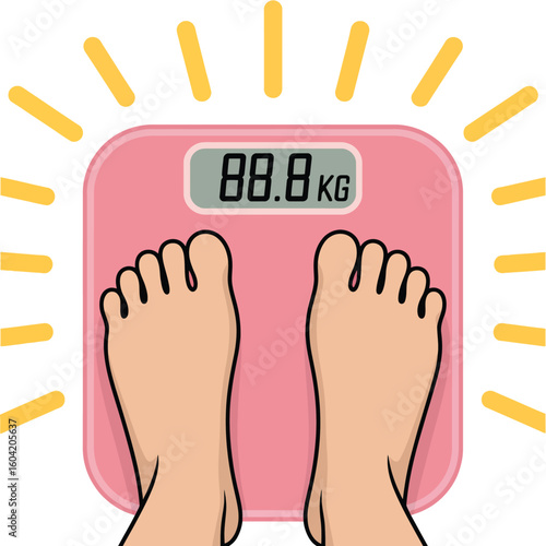 Person standing on a pink digital scale showing weight in kilograms