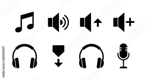 A collection of audio-related icons, including music note, volume controls, headphones, and a microphone.
